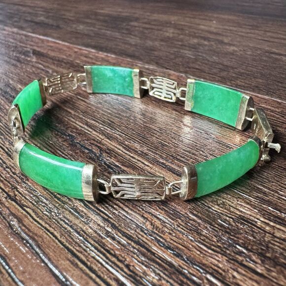Vintage 14K SOLID GOLD and Green Jadeite Panel Link Bracelet 9.3g, 14kt Yellow - Picture 9 of 16